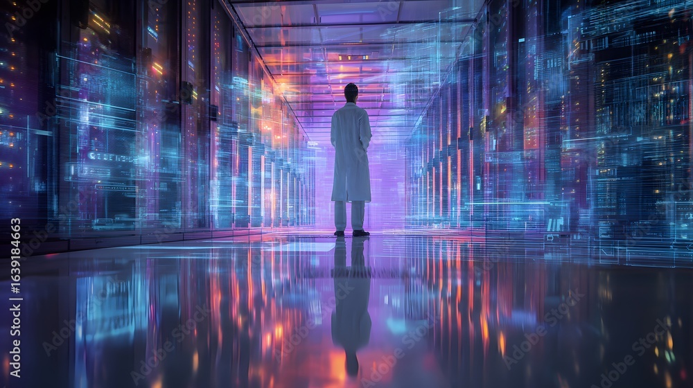 Fototapeta premium High-tech executive in a glowing server room with volumetric holographic UI floating around, ambient lighting and realistic reflections 