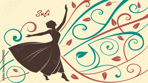 Elegant sufi whirling dervish dance illustration with floral art for spiritual and cultural designs