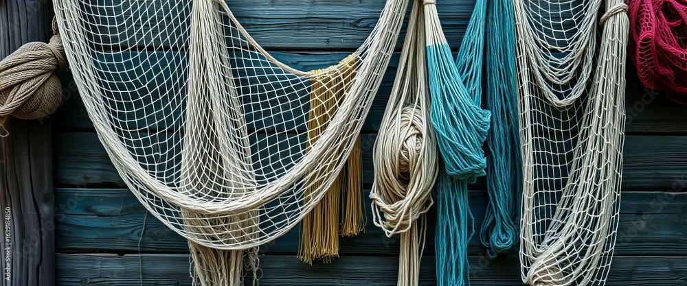 Fototapeta premium Intricate fishing nets draped over weathered wood, ample copy space, beige, illustration