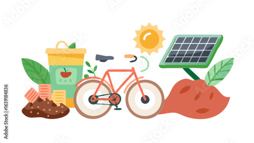 Sustainable living and eco friendly lifestyle with solar panel bicycle and composting for environmental awareness