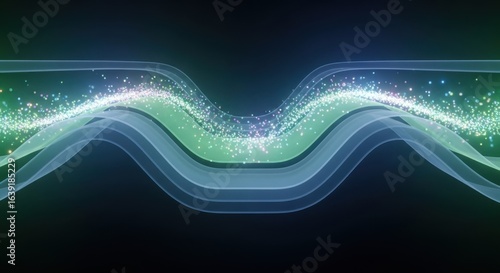 Abstract wavy lines with shimmering particles against a dark blue-green backdrop.