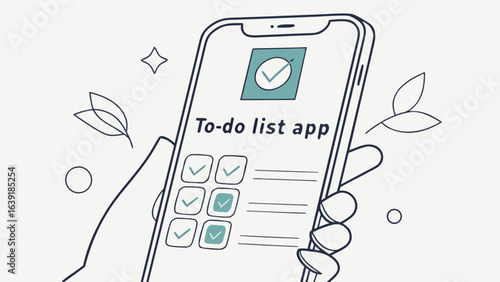 To do list app on mobile phone for task management and productivity with checklist and hand holding device