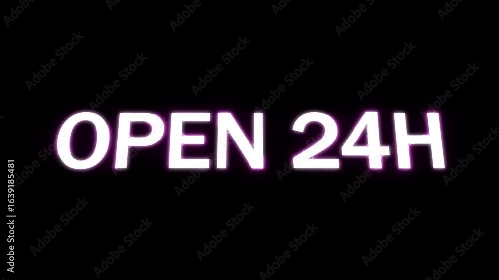 Glowing neon Open 24H text animation black background. Glowing neon Open 24H text animation black background.