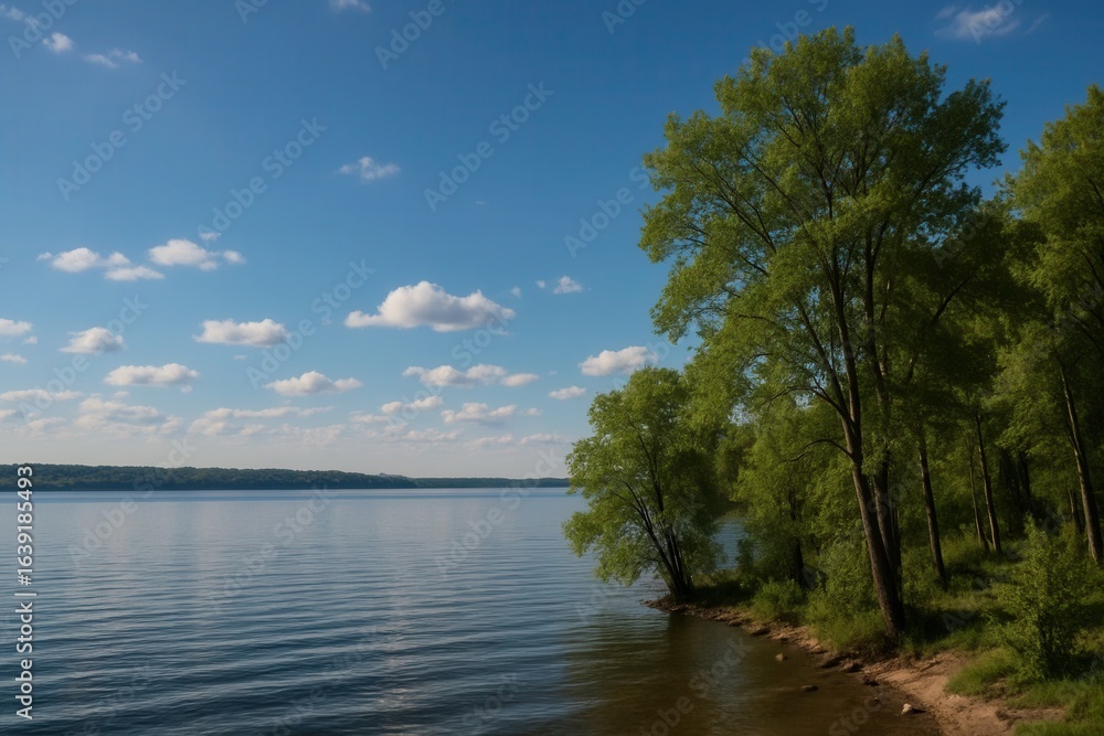 Obraz premium A Serene Lake Scene with Lush Trees and a Clear Sky