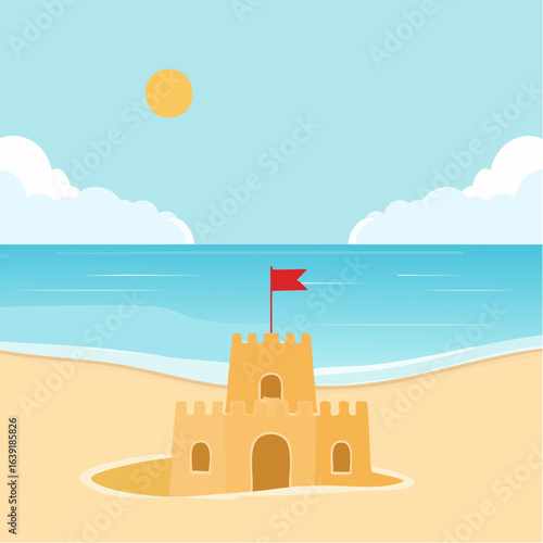 Lonely sand castle on sandy beach with blue sea ocean water and coast line clear summer sunny sky in background. Kid toys left on sand on holiday.