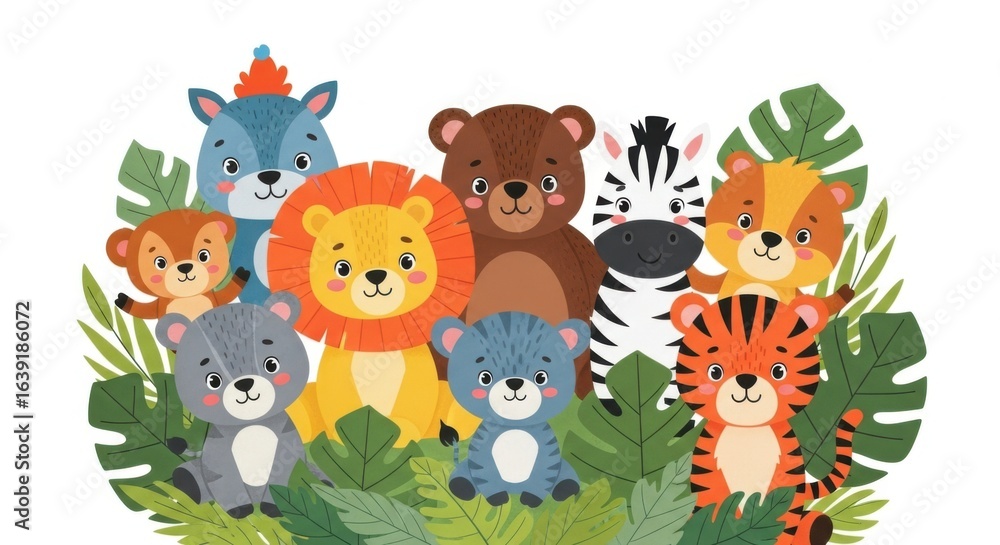 Fototapeta premium Cute cartoon animals gather in a vibrant jungle scene, creating a joyful illustration.
