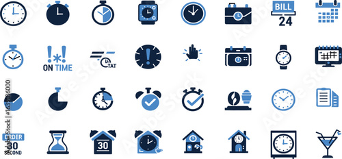Time & Clock icon set. Containing Clock, Timer, alarm, schedule, hourglass, and more, Vector illustration.
