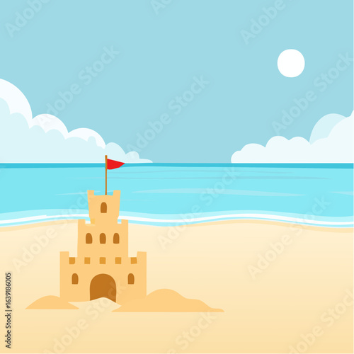 Lonely sand castle on sandy beach with blue sea ocean water and coast line clear summer sunny sky in background. Kid toys left on sand on holiday.