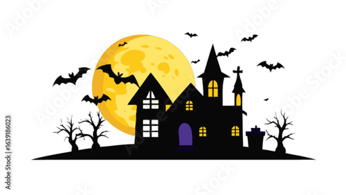 Halloween haunted house vector illustration with bats and moon spooky night background design for posters