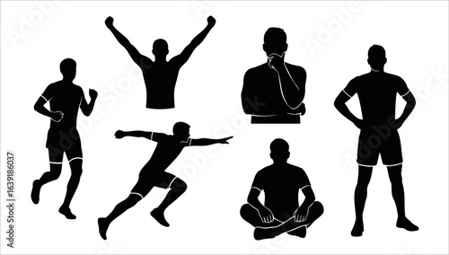 Collection of six black silhouettes of men in various active poses running