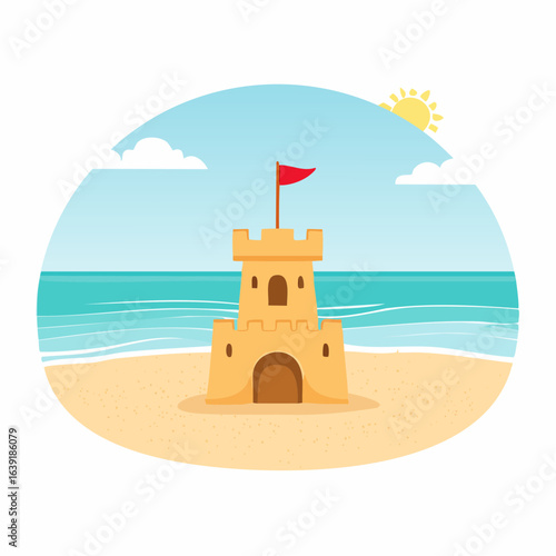 Lonely sand castle on sandy beach with blue sea ocean water and coast line clear summer sunny sky in background. Kid toys left on sand on holiday.