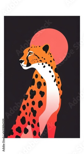 This striking illustration features a cheetah with a vibrant red sun in a minimalist design.