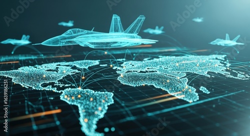 Fighter jets fly over a digital world map, representing global connections and defense networks.