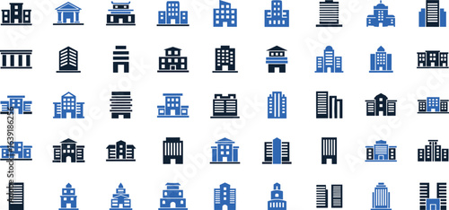 Building icon set. Containing Apartment, House, Real Estate, Cityscape, Office, and more. Vector illustration