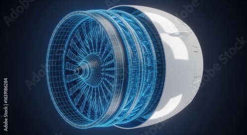 Detailed wireframe cross-section of a jet engine, showcasing its internal mechanics and design.