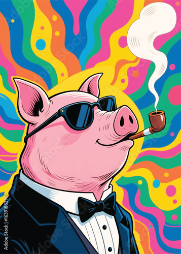Colorful pipe smoking pig Illustrator Artwork design template poster