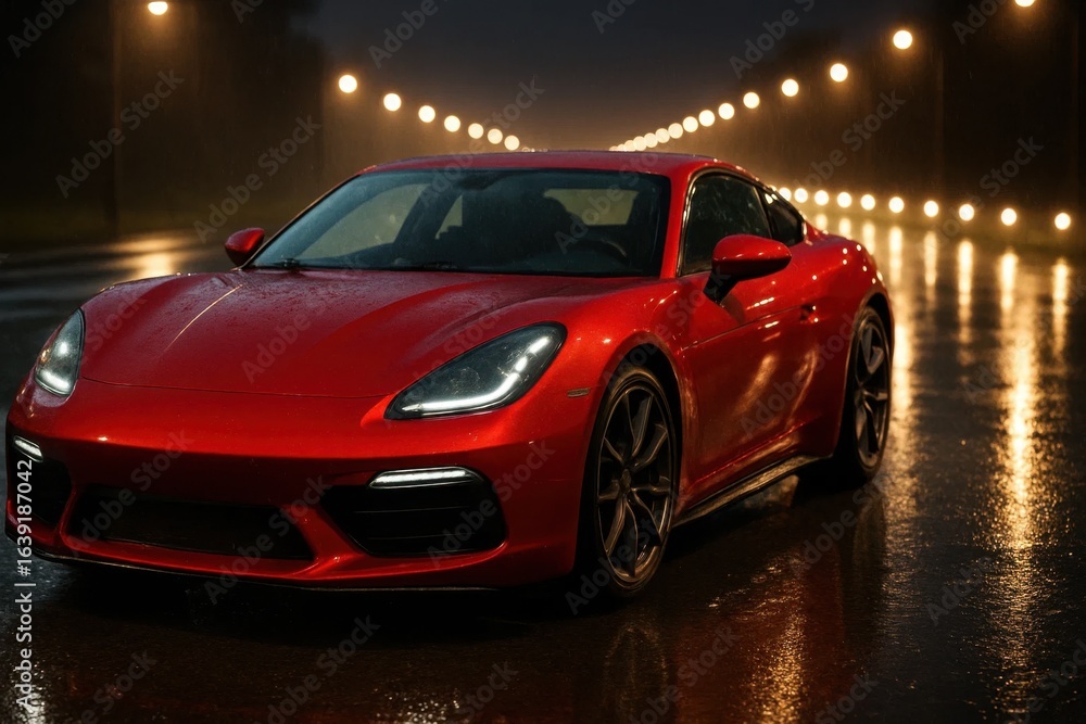 Fototapeta premium A solitary red sports car glistens under the night lights, a beacon of speed and luxury amidst the rain-soaked cityscape