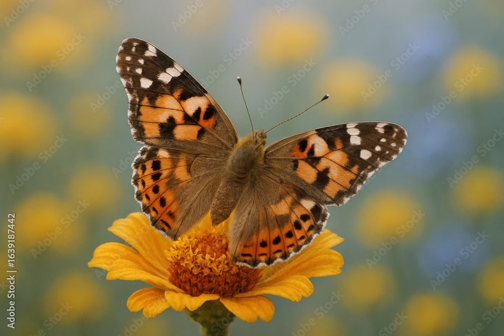 Obraz premium Amidst a sea of yellow petals, a butterfly rests in quiet contemplation