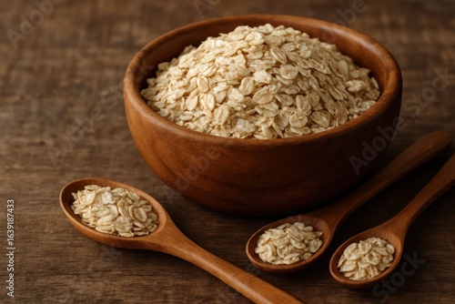 A rustic wooden bowl filled with golden oatmeal, accompanied by three wooden spoons, rests on a dark textured surface