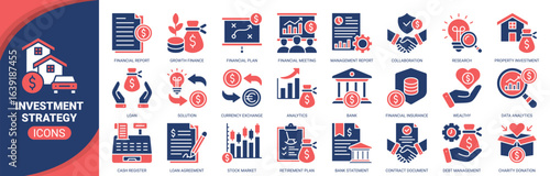Investment strategy icon set. Containing icon of investment, stock market, financial plan, growth finance, financial report and more. Solid vector icons collection.