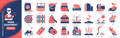 Farm equipment icon set. Containing icon of tractor, fertilizer, irrigation, silo, water well and more. Solid vector icons collection.