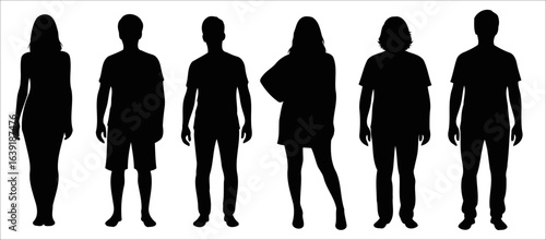 Six diverse male and female human silhouettes standing in a row people women