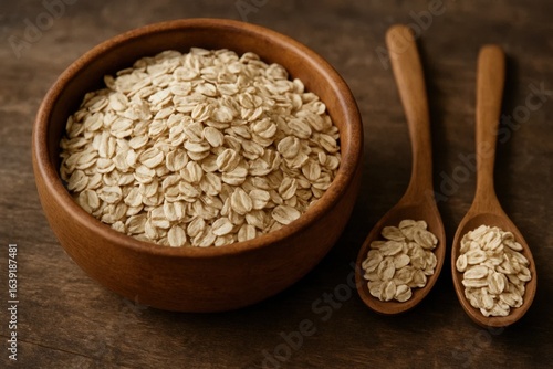 A rustic bowl of oatmeal with wooden spoons on a dark wooden surface