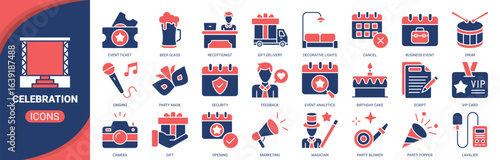Celebration icon set. Containing icon of birthday cake, party popper, beer glass, decorative lights, gift, and more. Solid vector icons collection.