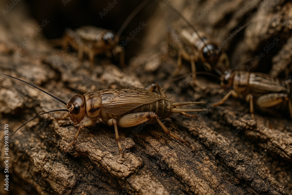 several brown crickets on a tree trunk several brown crickets on a tree trunk