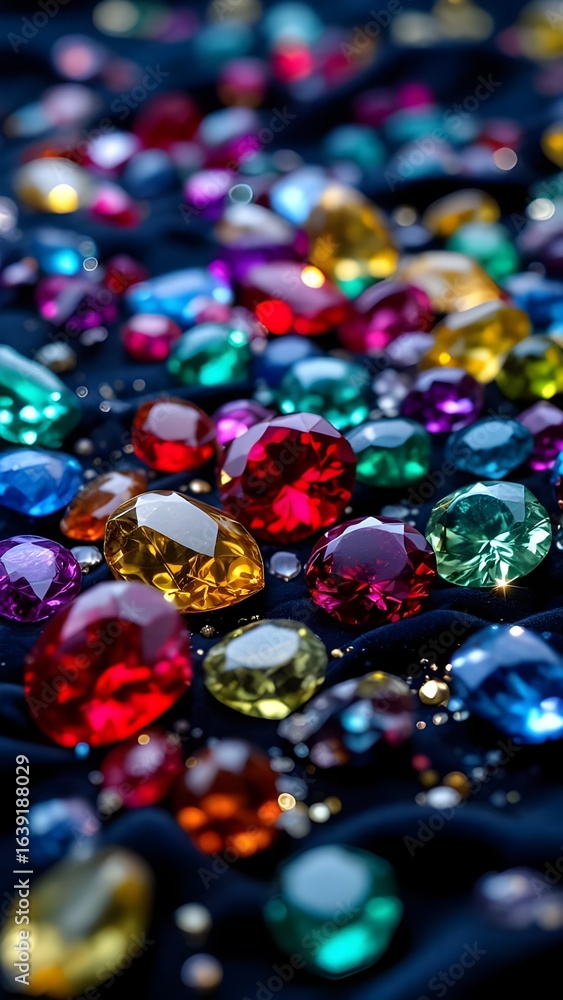 A dazzling array of colorful gems scattered across a dark blue surface creating a vibrant and sparkling display A dazzling array of colorful gems scattered across a dark blue surface creating a vibrant and sparkling display