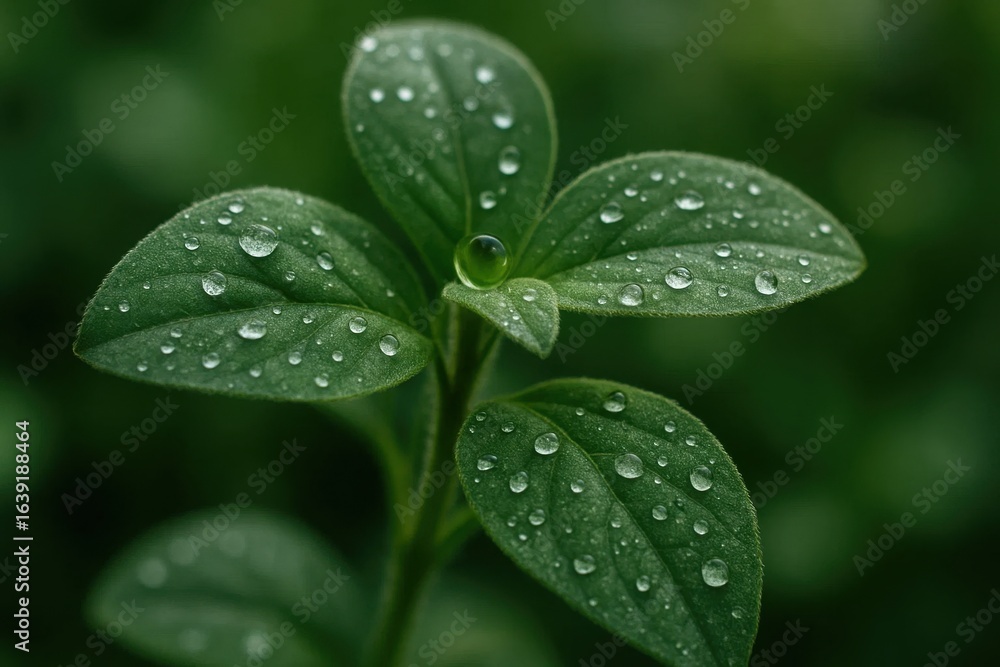 Fototapeta premium A Close-Up of a Leaf's Water Droplets in Vibrant Green Hues