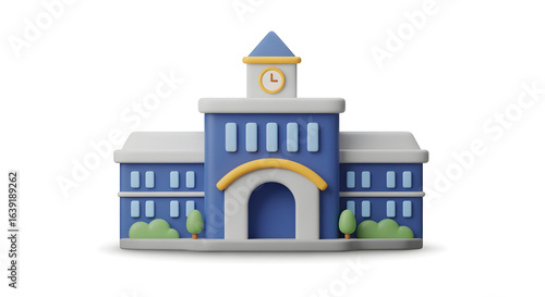 Charming cartoon school building with trees, perfect for education, animation, or children's book illustration