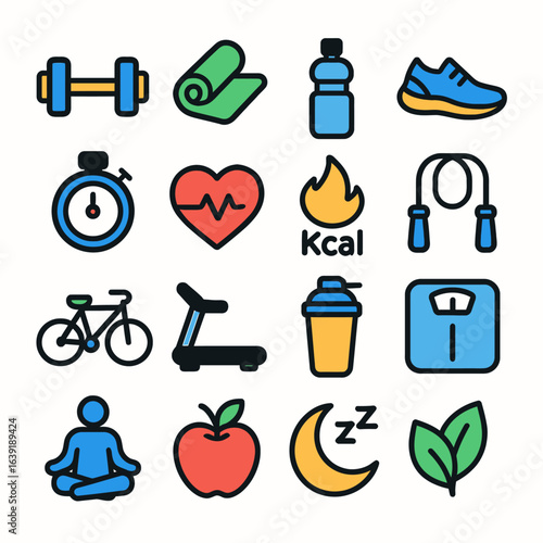 Fitness icons show workout exercise health on white