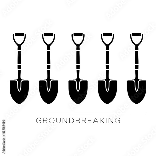 Five black shovels arranged in a row spades digging