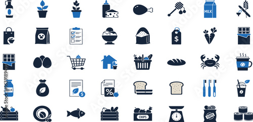 Supermarket Grocery icon set. Containing Bakery, Milk, Vegetable, Dairy, Cheese, Rice, Coffee, Seafood, Fish, Chicken, Fruit, Cart, and more. vector illustration