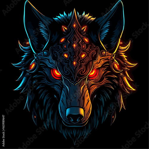 Futuristic Neon Wolf Head Illustration with Tribal Armor – Digital Art