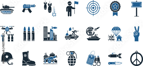 War icon set. Containing Combat, Army, battle, conflict, military, missile, refugees, bomb, tank, and more. Editable stroke. Vector illustration.