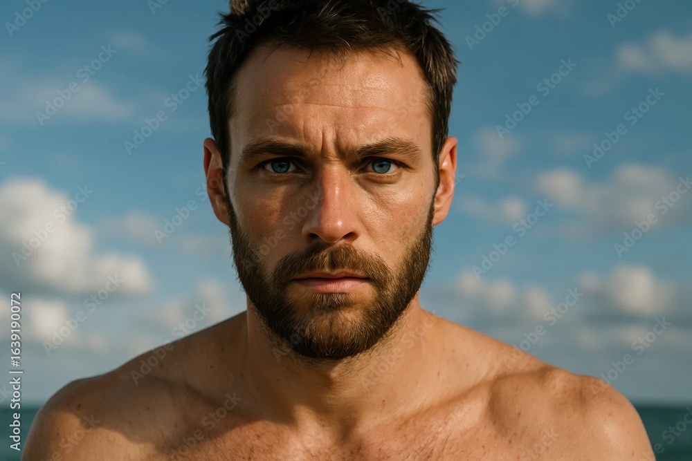 Fototapeta premium A man's serene gaze against a backdrop of endless blue