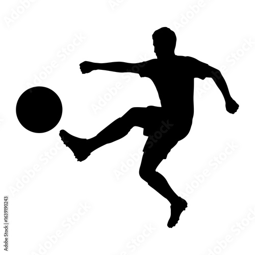Soccer player kicking ball silhouette football black