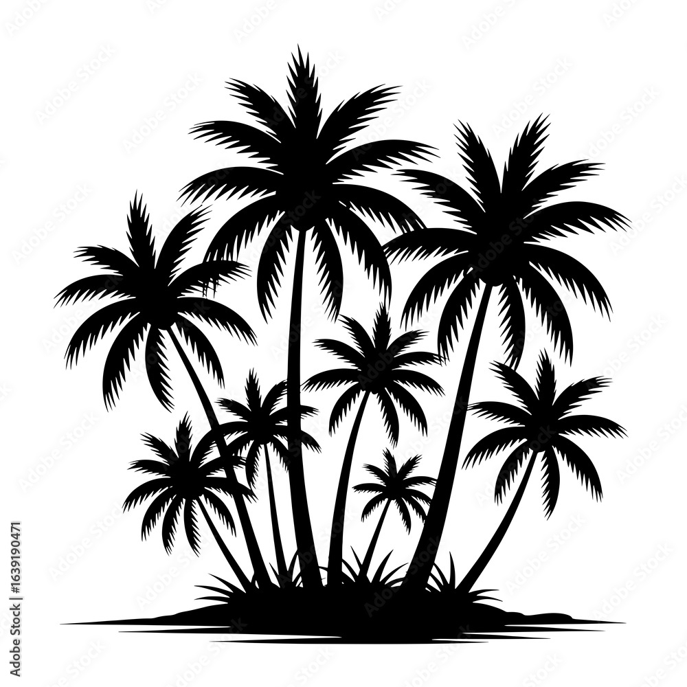 Fototapeta premium Tropical palm trees on island silhouette black and white