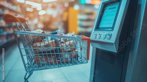 Modern Supermarket Checkout With Shopping Cart and Self-Service Kiosk