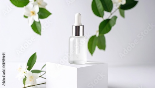 Elegant Serum Bottle Displayed on White Box Surrounded by Delicate Flowers Creating a Calm Ambiance