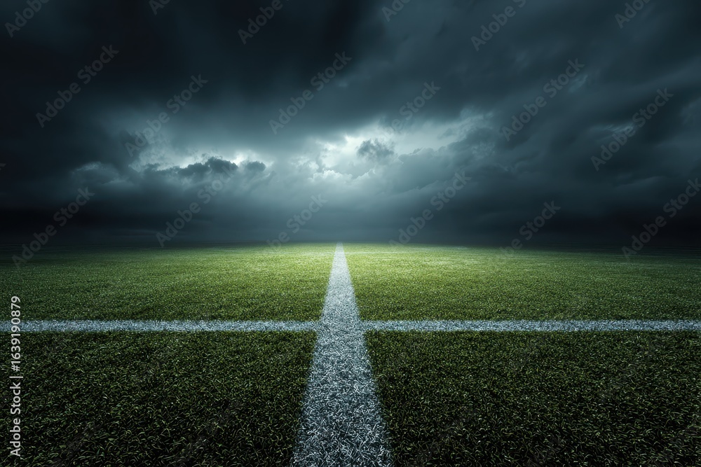 Obraz premium Dramatic football field with vivid green grass under an ominous sky just before a rainstorm, highlighting the contrasting colors and atmosphere of the moment in early evening