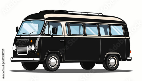 Vintage black camper van, side view, graphic illustration.