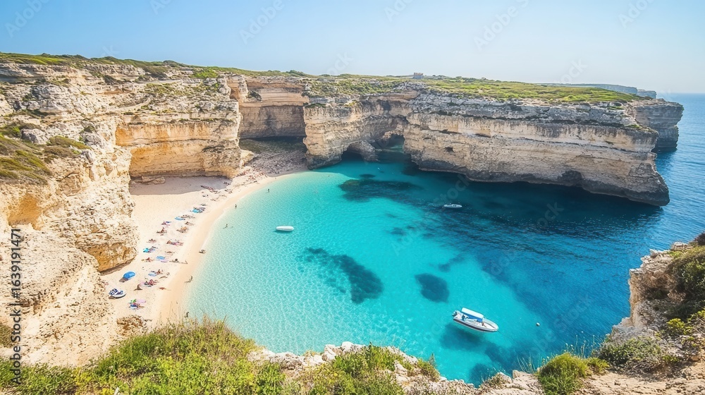 Naklejka premium Hidden Cove Surrounded by Dramatic Cliffs and Crystal Clear Water