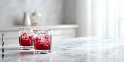 Wallpaper Mural Deep red drinks on shining white marble countertop with soft light Torontodigital.ca