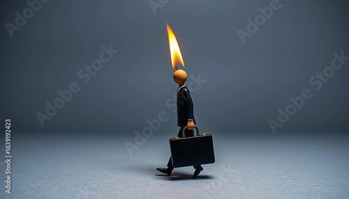 Burnt matchstick figure holding briefcase, gray background,  tired,   graphic