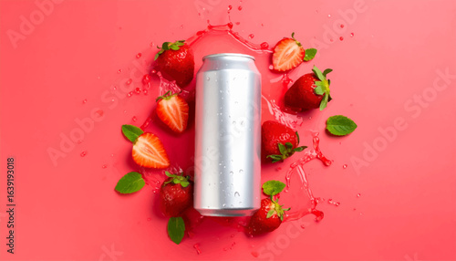 A silver can surrounded by fresh strawberries and splashes of liquid on a vibrant pink background.