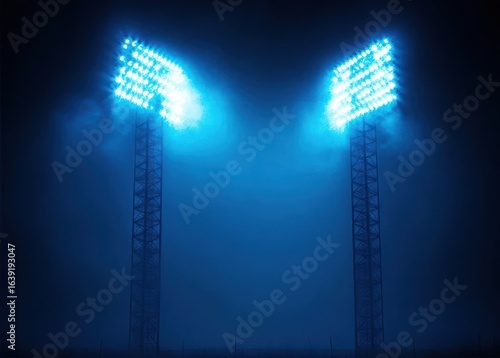 bright illuminated stadium floodlights glowing blue in foggy night sky casting light beams