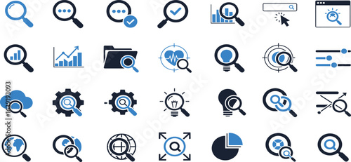 Search outline icon set. Contining inspector, monitoring, analysis, and more. Editable stroke. vector illustration.